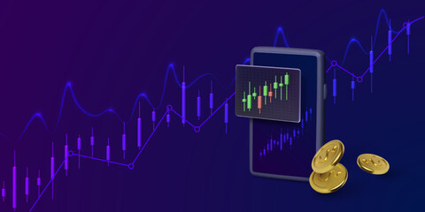 Poster - Mobile phone with stock exchange trade app on screen and gold coins. Investment application and business banner