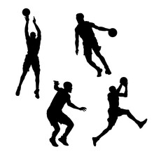 Silhouette Of Basketball Players Isolated On White Background. Black Logo Of Sports Athletes. Black And White Vector Set Of Basketball Shooting.