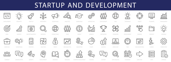 Poster - Development & Start up thin line icons set. Development editable stroke icon. Start up symbols collection. Vector illustration