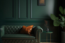Light Colored Room With A Leather Sofa And Decorative Space Against A Background Of A Dark Green Wall. Generative AI