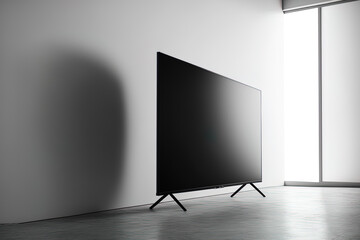 Poster - mockup of a black led television with a blank screen against a backdrop of a white wall. generative 