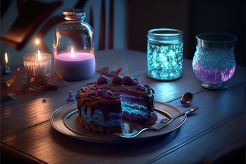 Wall Mural - Delicious galaxycake on a dining table in the kitchen. AI generated art illustration.	
