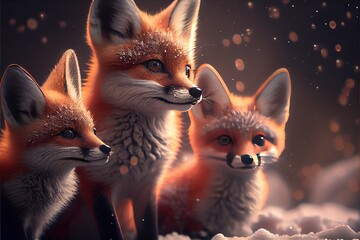 Wall Mural - A small group of tiny and cute foxes in the snow. AI generated art illustration.	
