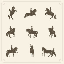 Set Of Vintage Silhouettes Of Riders And Horses, Classic Horse Riding