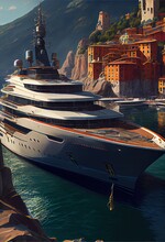 A Large Luxury Yacht, Docked In Front Colorful Coastal Town. AI Generated Art Illustration.