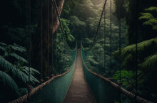 View Over Suspension Bridge In A Wild Jungle. Generative AI