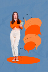 Poster - Vertical collage image of minded tricky girl finger touch chin hold telephone look dialogue bubble chain isolated on drawing background
