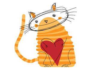 Wall Mural - Cute tabby cat with heart symbol. Cartoon animal character for Valentine's Day. Funny kitty Flat vector illustration isolated on white background for greeting card. Cute kitten holding red heart.