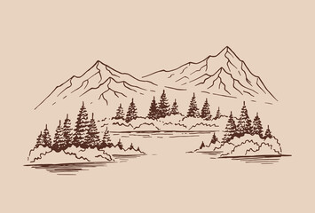 Mountain with pine trees and lake landscape. Hand drawn illustration converted to vector.