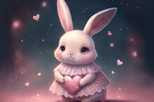 Little Adorable Rabbit In A Skirt Grinning Beside A Large Pink Heart Decorated With Stars And Flowers. Generative AI