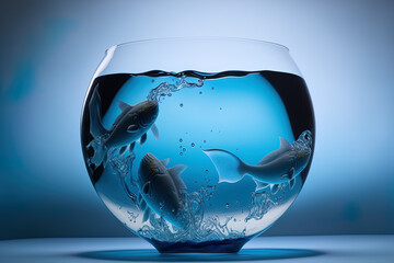 A fishbowl made of glass with a little water swirl on a blue backdrop. taken using a 5D Mark III in a studio. Generative AI