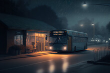 Bus Halt Outdoors At Night. Generative AI