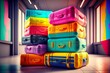 stacks of colorful suitcases for traveling in airport baggage claim area