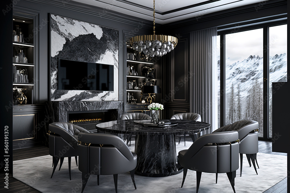 Modern classic living and dining room furnishings in a black marble and ...