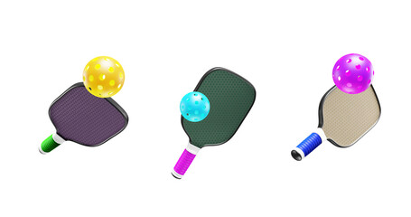 Sticker - Three pickleball paddles with plastic balls on a transparent background.3D rendering