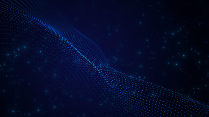 Poster - Abstract blue wave of dots and flying particles. Information cyberspace. Illustration of a network connection. The concept of big data. 3d rendering.