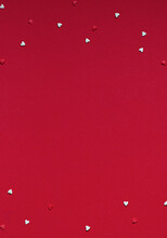Valentine's Day Concept Frame With Red And White Hearts On The Red Background. Copy Space