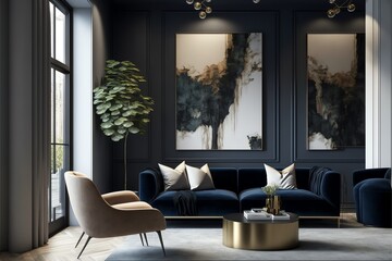 A modern living room, in a minimalist millenium crib, high ceiling and filled with warm blue and khaki colour as the wall blend in with the design of the furniture.	