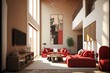 A modern living room, in a minimalist millenium crib, high ceiling and filled with warm red and khaki colour as the wall blend in with the design of the furniture.	