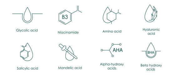 Wall Mural - alpha-hydroxy acids (aha), beta hydroxy acids (salicylic acid), hydroquinone, kojic acid, retinol, l