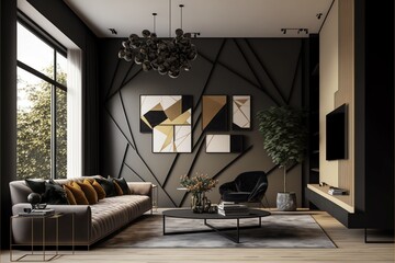 Wall Mural - A modern living room, in a minimalist millenium crib, high ceiling and filled with black and gold color as the wall blend in with the design of the furniture.	