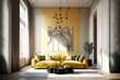 	
A modern living room, in a minimalist millenium crib, high ceiling and filled with warm yellow and khaki colour as the wall blend in with the design of the furniture.