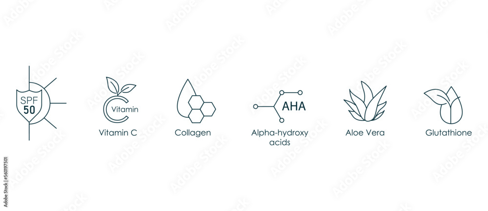 glutathione icon spf 50, vitamin c, collagen, alpha hydroxy acid, aloe vera, glutathione icon  set vector illustration Stock Vector