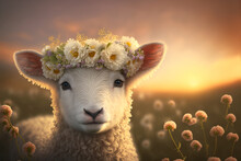 Beautiful Baby Lamb With Flower Wreath In Magic Light