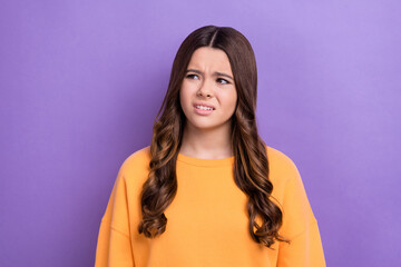 Poster - Photo of stressed depressed lady wear stylish clothes suspiciously look empty space weird idea plan isolated on purple color background