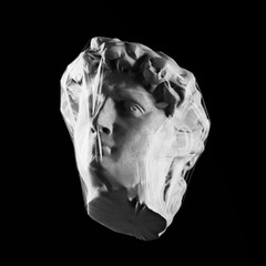 Wall Mural - greek statue head with plastic warp bag. vapor retro synth wave style concept.