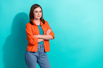 Sticker - Photo of adorable lovely lady professional hr wear stylish clothes demonstrate empty space offer isolated on cyan color background