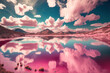 Stunning picture of a tranquil pink lake under a beautiful sky taken in Camarque, France. Generative AI