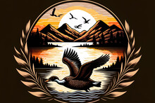  Of A Vintage Retro Sunset Lake, River Creek, And Flying Duck Goose Logo. Generative AI