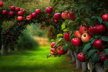 Garden Apple Trees With Juicy, Red Apples That Are Ready For Picking. Generative AI