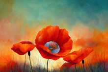 Poppy Field Illustration, Red Flowers On Sunset Background, Floral Abstract Design, Summer Blossom Floral Stylized Art