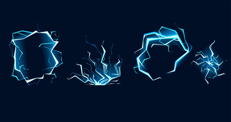 Set of Blue lightning hit effect cartoon style design vector illustration on dark blue background