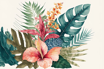 Wall Mural - Floral print with tropical design in watercolor. Generative AI