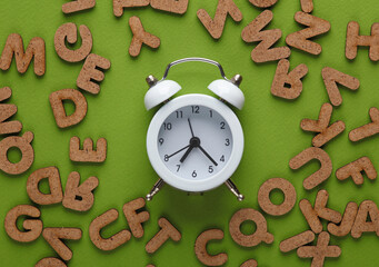 Wall Mural - Alarm clock with wooden letters on a green background