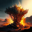 Dramatic rendering of burning bush in the wilderness.