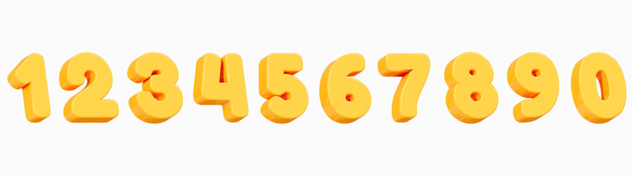 3D Yellow numbers from 0 to 9. Set volume number for poster and banner. Golden text for party, birthday and sale promotion. Cartoon creative design icon isolated on white background. 3D Rendering