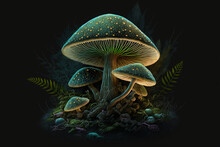Fantasy Mushrooms On Dark Background. Fantasy Colorful Illustration. Generative AI