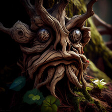 Young Gnarled Anthropomorphic Tree With Eyes, Generative Ai