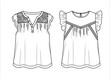 Vector sleeveless top with ruffles fashion CAD, woman tank top with frills and lace details technical drawing, template, sketch, flat. Jersey or woven fabric top with front, back view, white color