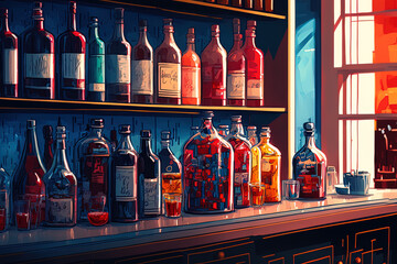 Poster - a bar with red and blue beverages. Cocktails with alcohol against a backdrop of shelves and bottles. booze bottles indistinctly displayed on the bar's wall. Generative AI