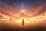 Fototapeta Kosmos - a boy thinking about life in a big lonely field, manga anime art, generative ai technology
