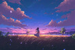 a beautiful attractive anime girl standing happily in a big field and watching the horizon, manga art, generative ai technology
