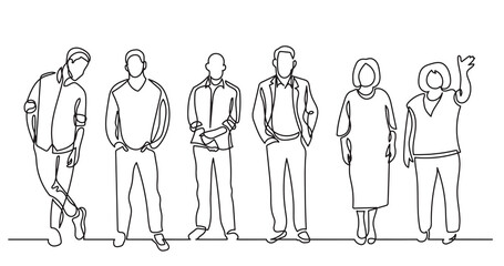 continuous line drawing of diverse group of standing people team members friends employees -  PNG image with transparent background