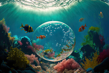 Wall Mural - Underwater air bubbles, a reef, an abstract backdrop, and the ocean are all in the background. Generative AI