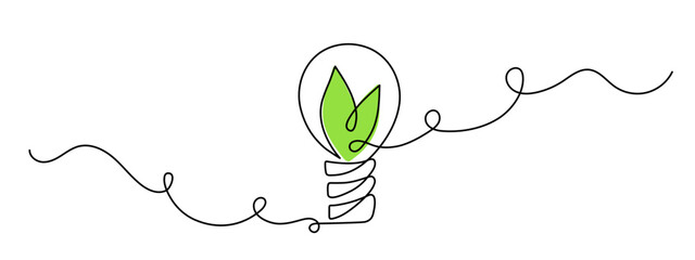 Wall Mural - Light bulb with leafs,one line art,hand drawn continuous contour.Green energy idea concept.Sign of environmental friendliness.Decoration for banners,stories,posters.Editable stroke.Isolated.Vector