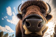  A Close Up Of A Bison's Face With A Sky Background And Clouds In The Background With A Sunbeam In The Foreground And A Few Clouds In The Foreground With A Few.